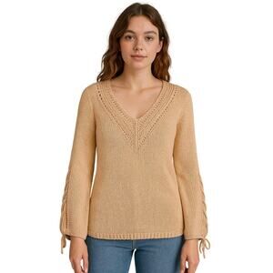 ZARA Boho Knit Sweater Womens Large Lace-Up Sleeve 100% Cotton Spain